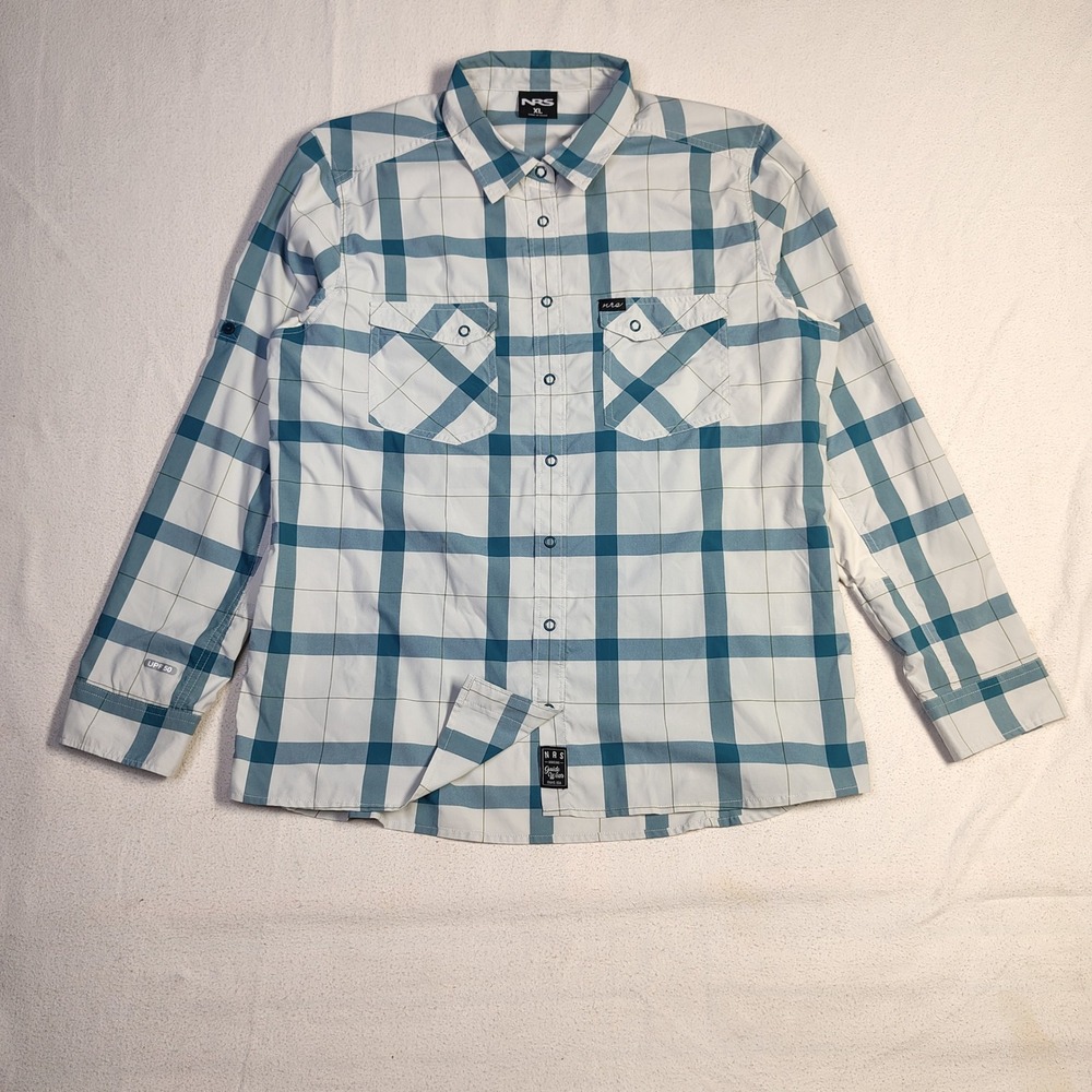 NRS Womens Guide Shirt XL Blue White Plaid Nylon Blend UPF 50 Long Sleeve Snap